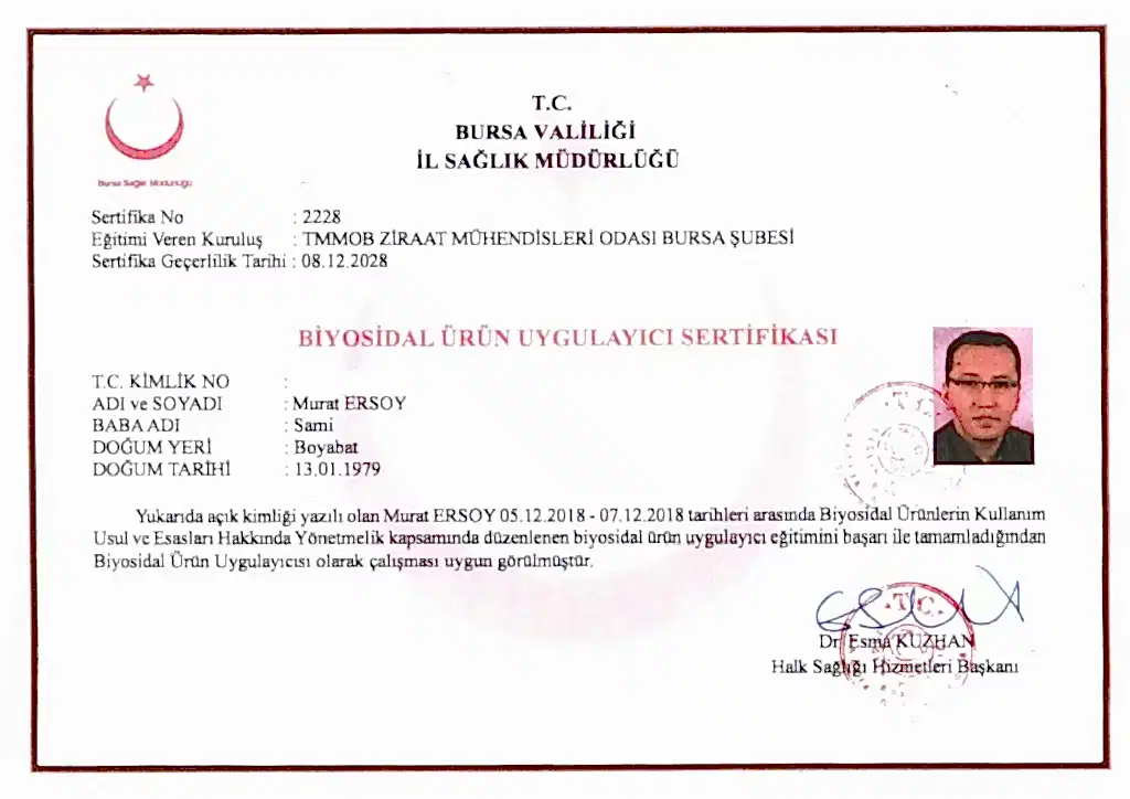 Biyosidal ürün uygulayıcı sertifikası